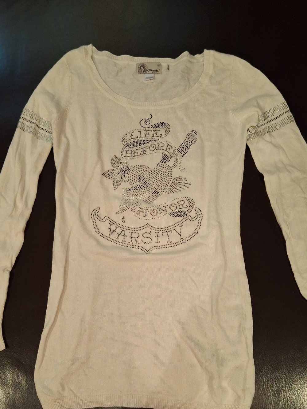 Ed Hardy Cream Long Sleeve Studded Varsity Graphic Tee